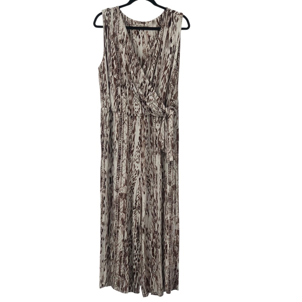 Tahari Sleeveless Wide‎ Leg Cropped Jumpsuit Brown/White Animal Print Size XL